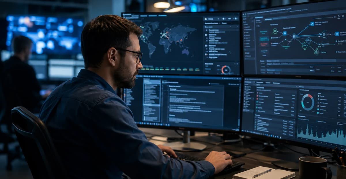 Cyber threat intelligence analyst reviewing threat maps and security dashboards in a modern security operations centerCyber threat intelligence analyst reviewing threat maps and security dashboards in a modern security operations center