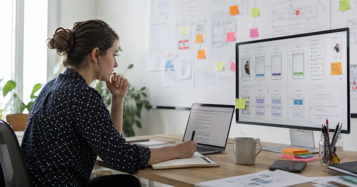 UX researcher analyzing user insights and mobile interface wireframes in a modern office
