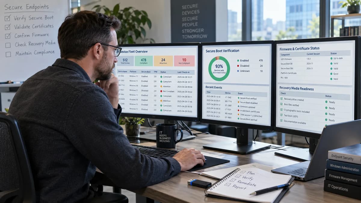 IT engineer reviewing Secure Boot certificate status, firmware evidence, and recovery readiness across a Windows device fleet