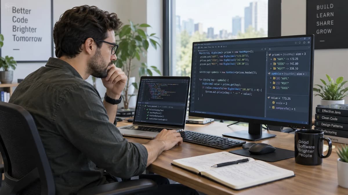 Software developer reviewing Java BigDecimal code and collection tests on a laptop and external monitor in a modern office.