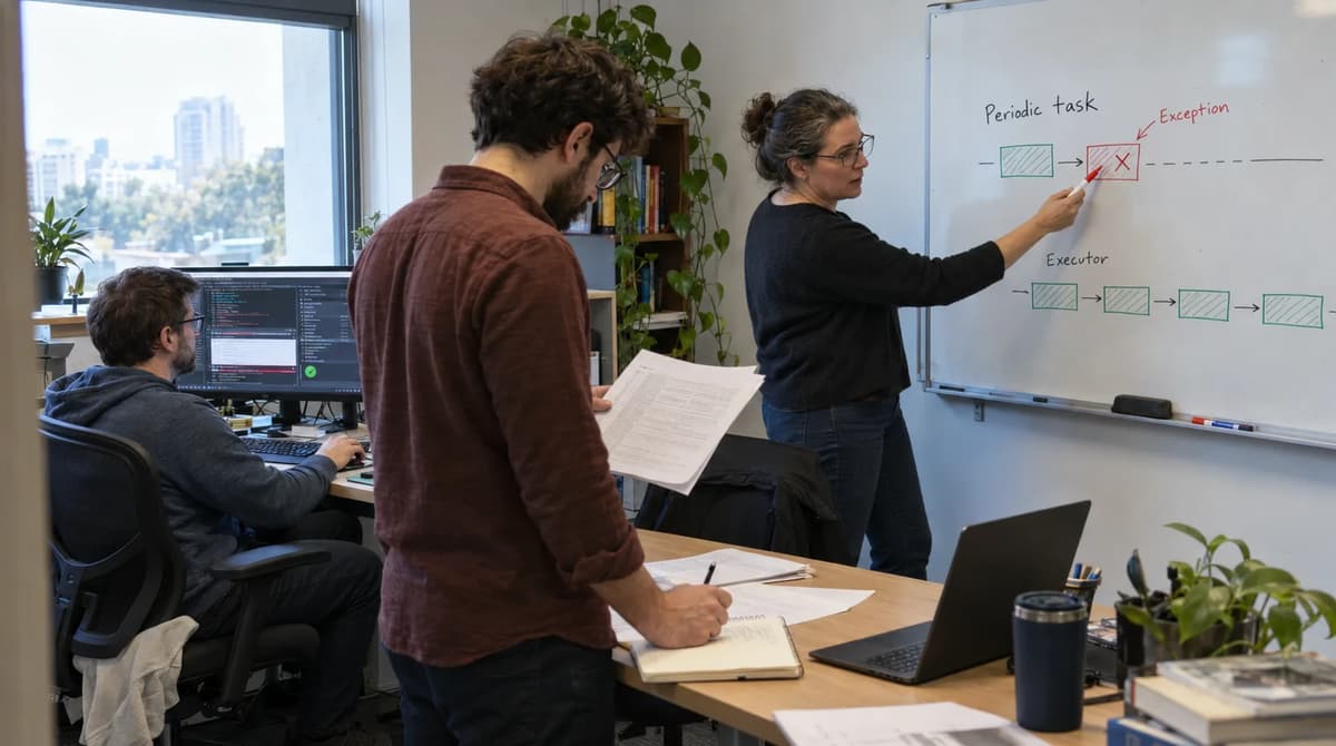 Engineering team comparing a failed Java periodic task with continuing executor activity on a whiteboard and monitoring screen
