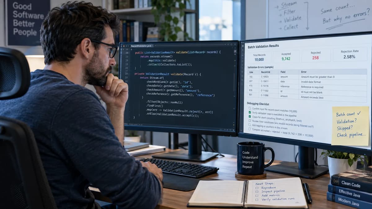 Software engineer reviewing Java stream validation code and per-record batch results at a workstation.