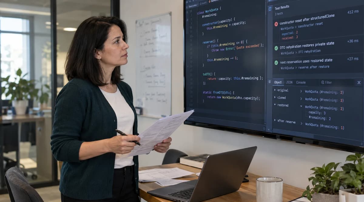 Developer reviewing JavaScript class rehydration tests on a wall-mounted display while holding a printed test report.