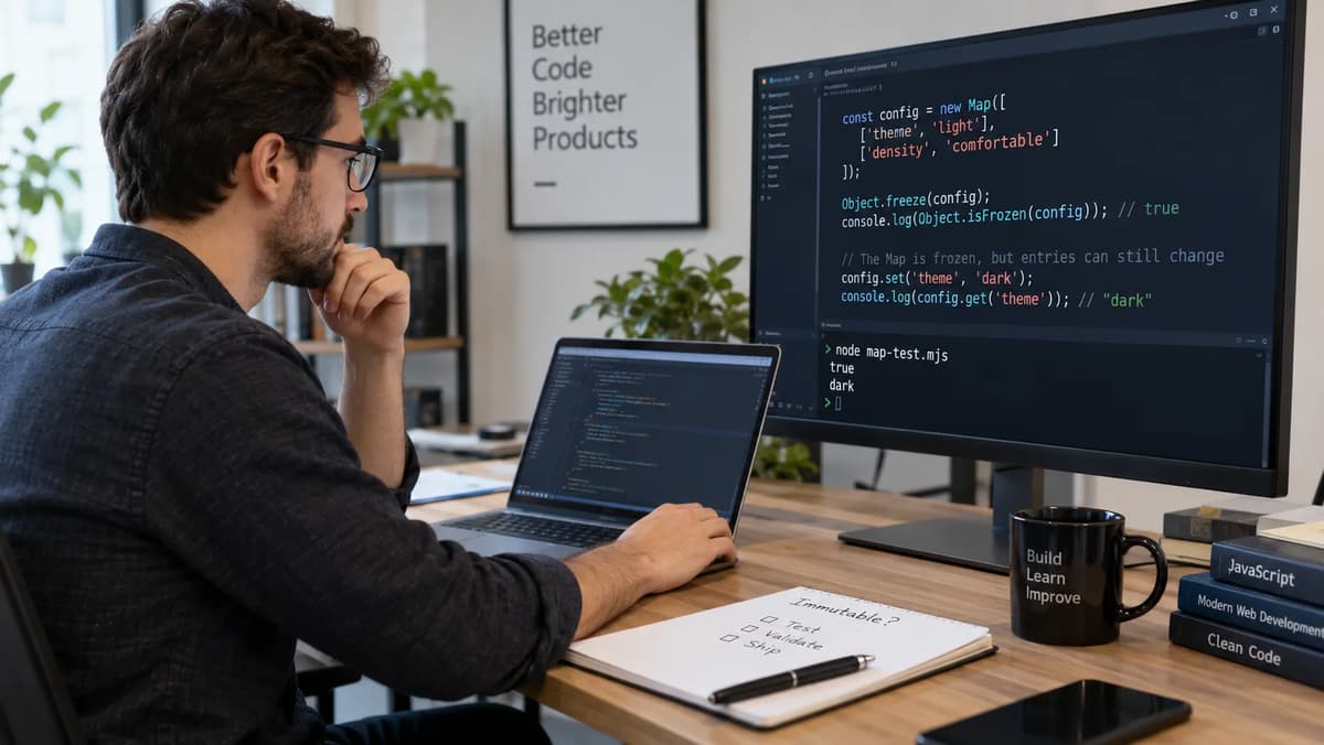 Frontend developer reviewing JavaScript Object.freeze and Map mutation behavior on a large monitor in a professional workspace.