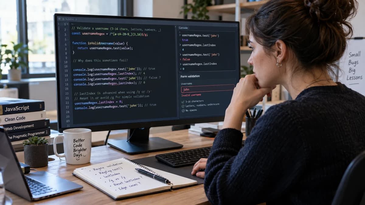 Frontend developer debugging JavaScript regex validation code at a computer workstation.