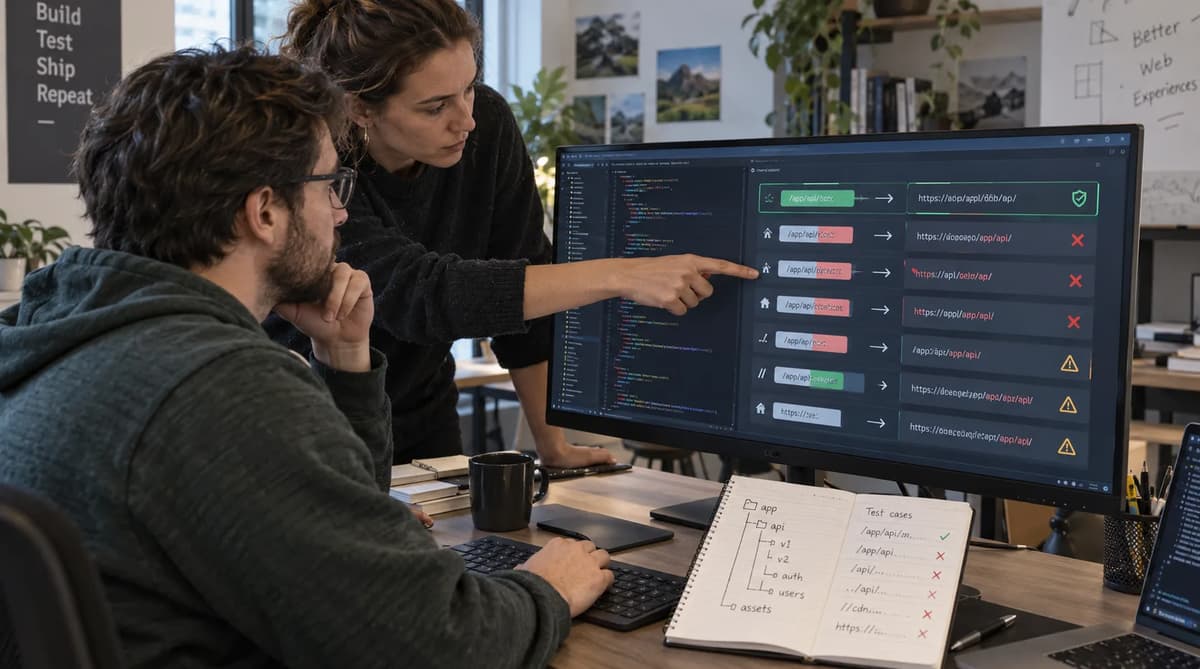 Frontend engineer and QA reviewer inspecting JavaScript URL resolution cases and API path-boundary failures on a development monitor