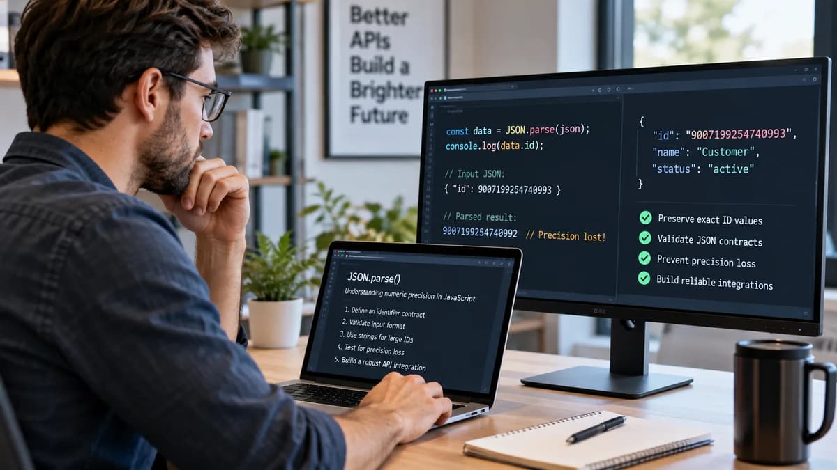 API engineer validating large JSON identifiers and JavaScript data integrity on a computer