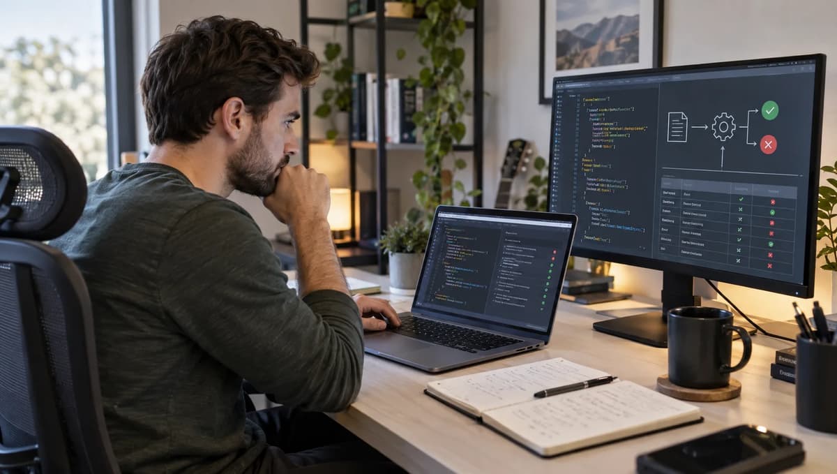 API engineer reviewing JSON Schema validation results on a laptop and external monitor