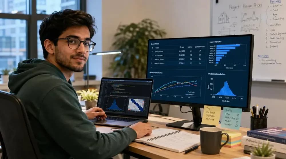 Data scientist working on Kaggle competition models and reviewing leaderboard results in a modern office