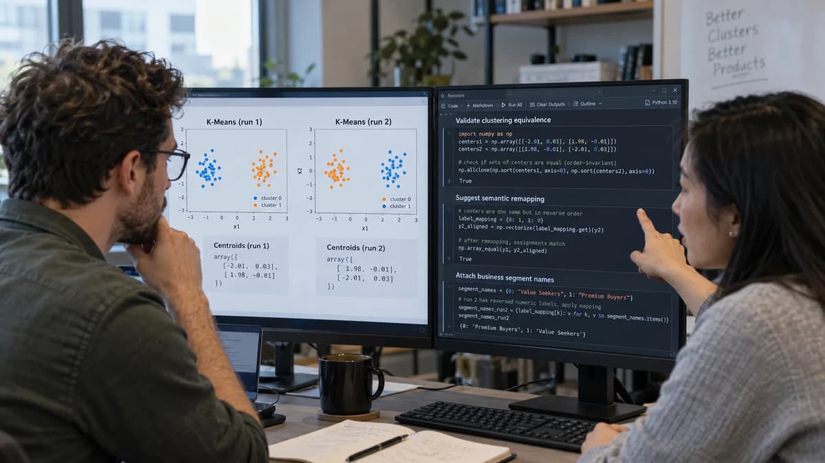 Two machine-learning engineers comparing K-Means plots with swapped cluster colors and reviewing label-remapping code on dual monitors.