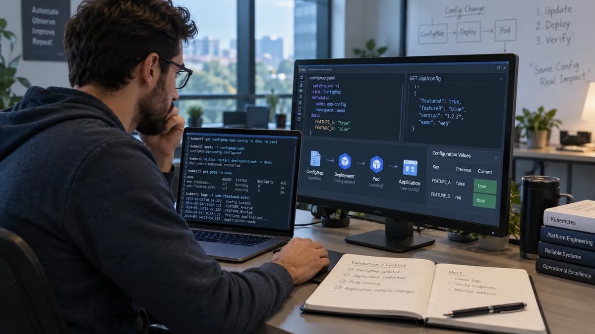 Platform engineer tracing a Kubernetes ConfigMap update from the API object to the running application