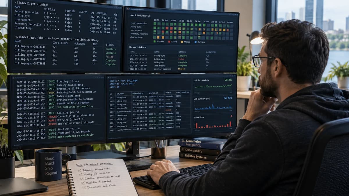 DevOps engineer reconciling missed Kubernetes CronJob schedules, Job attempts, and committed business results