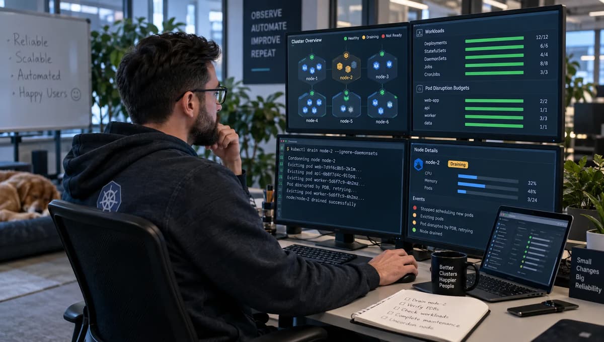 Kubernetes engineer monitoring a planned node drain and PodDisruptionBudget status across cluster dashboards