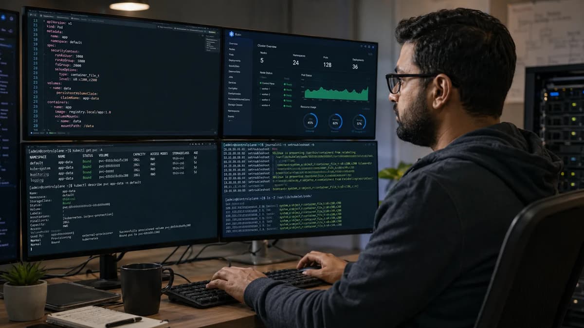 Platform engineer troubleshooting Kubernetes SELinux volume mounts and CSI storage across multiple monitors