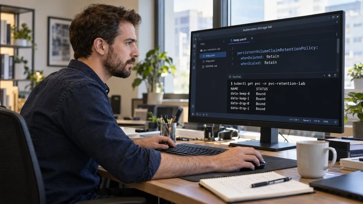 Platform engineer reviewing Kubernetes StatefulSet PVC retention settings and storage bindings on a computer screen.