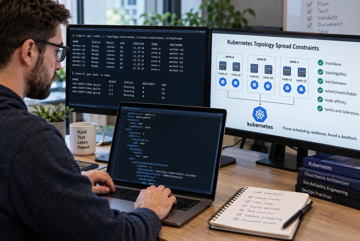 Cloud engineer validating Kubernetes topology spread constraints across three zones on multiple monitors