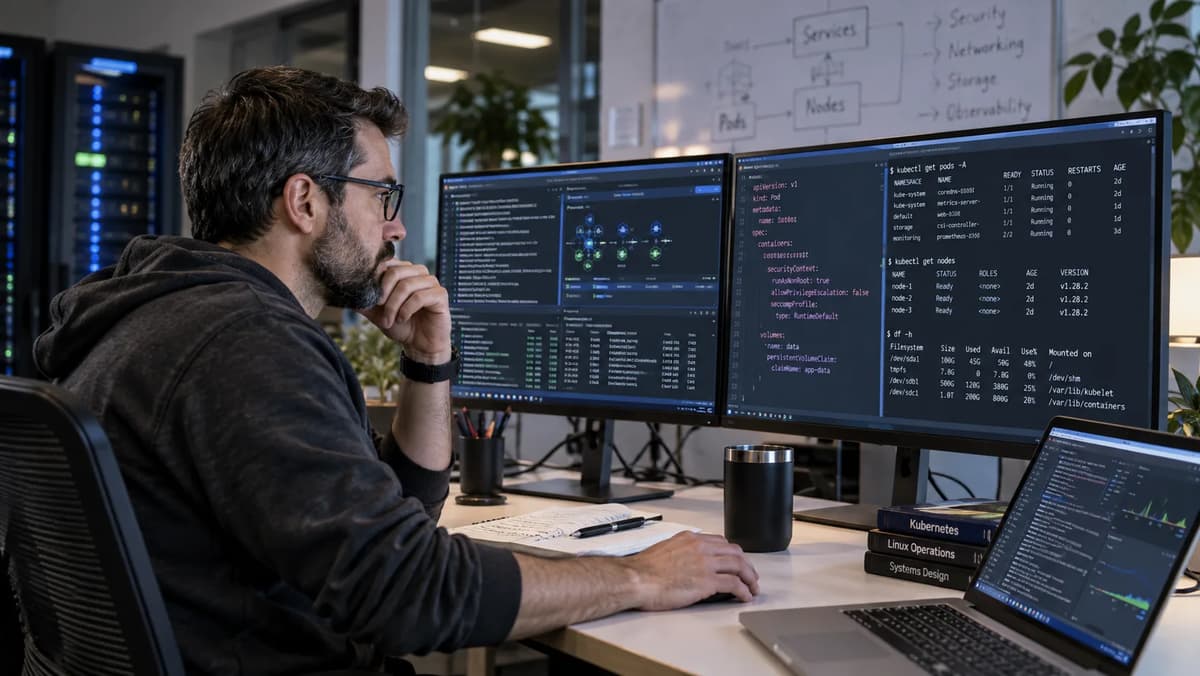 Kubernetes platform engineer validating Pod user namespaces, UID mappings, runtime configuration, and storage compatibility on multiple monitors.