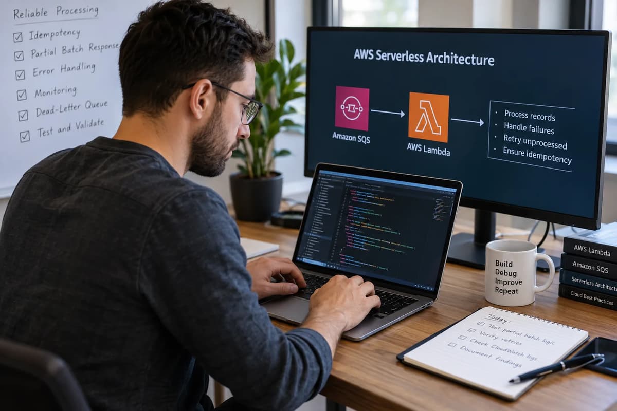 Backend engineer testing AWS Lambda and Amazon SQS partial batch failure handling at a workstation