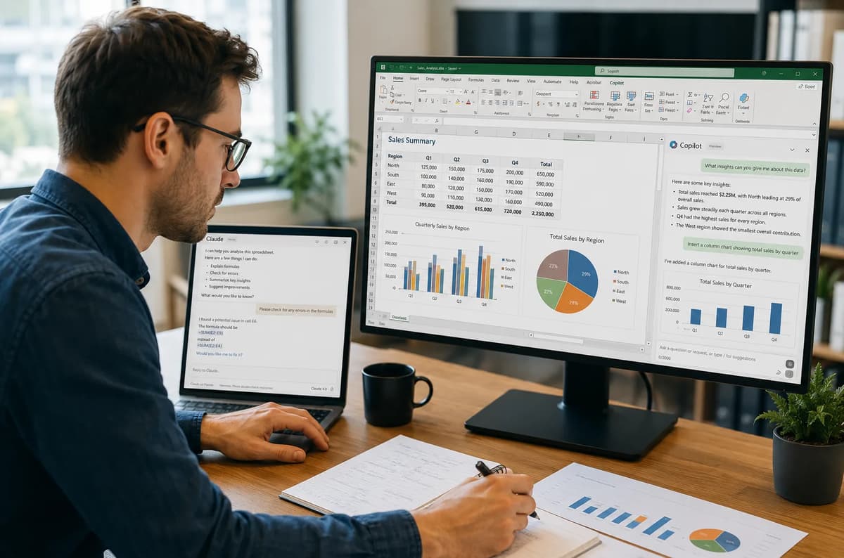Data analyst reviewing Claude and Microsoft Copilot AI insights and formula checks in Excel at an office workstation