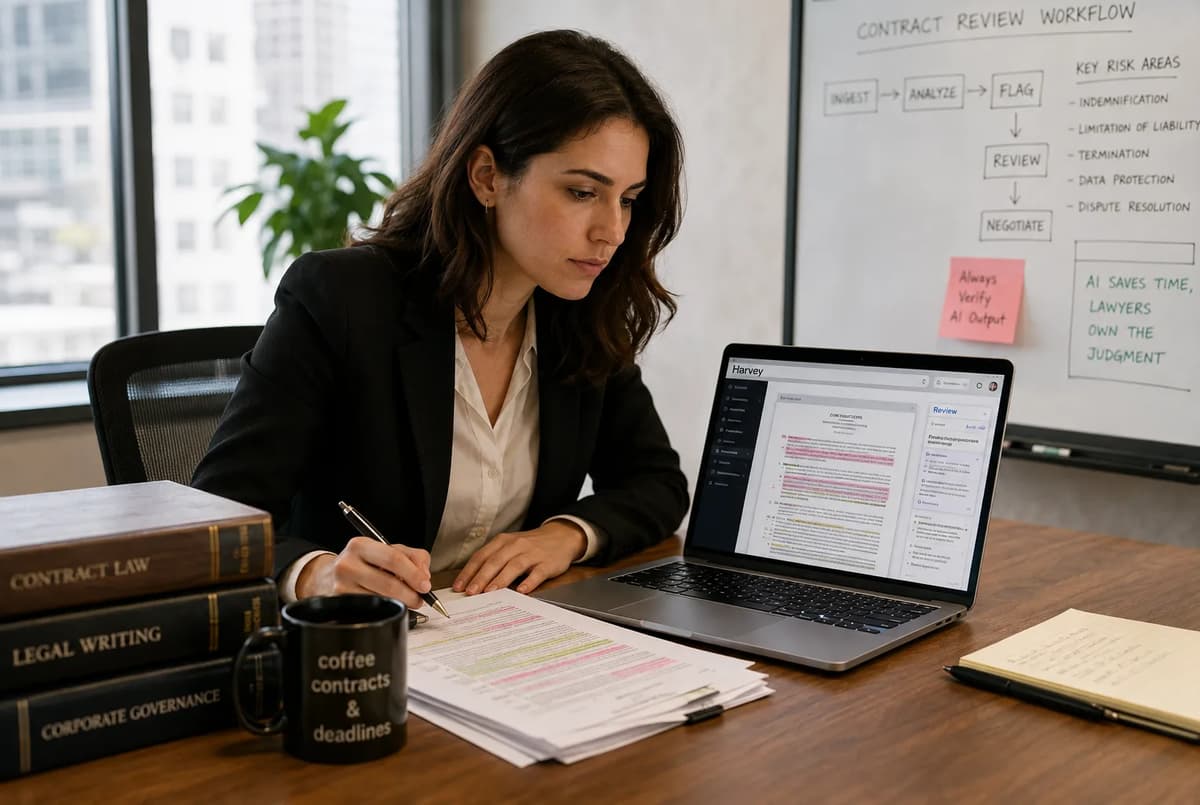 Legal technologist reviewing an AI-assisted contract redline to identify missed clauses and contract risks