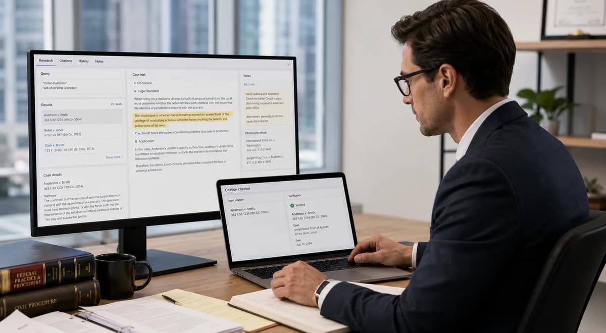 Legal technologist verifying AI-generated legal citations on dual computer screens in a modern office
