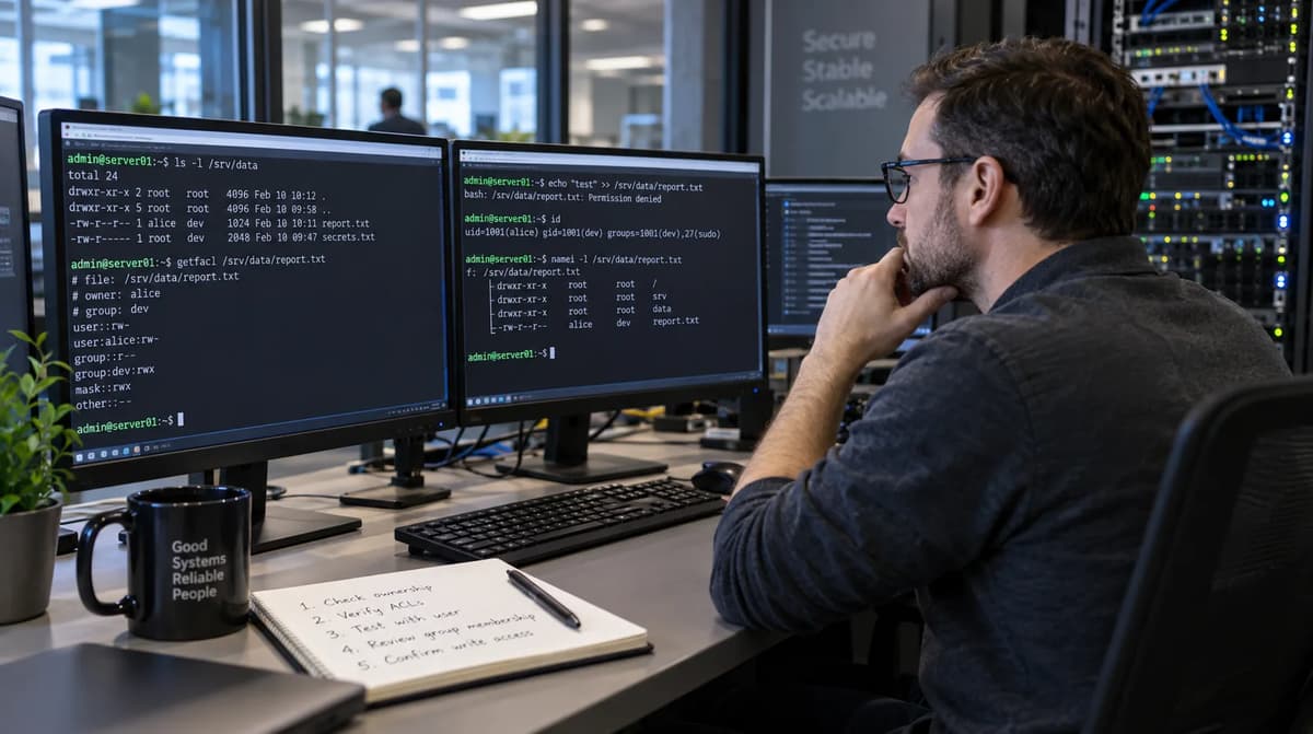Linux system administrator troubleshooting ACL mask and chmod write permissions at a workstation