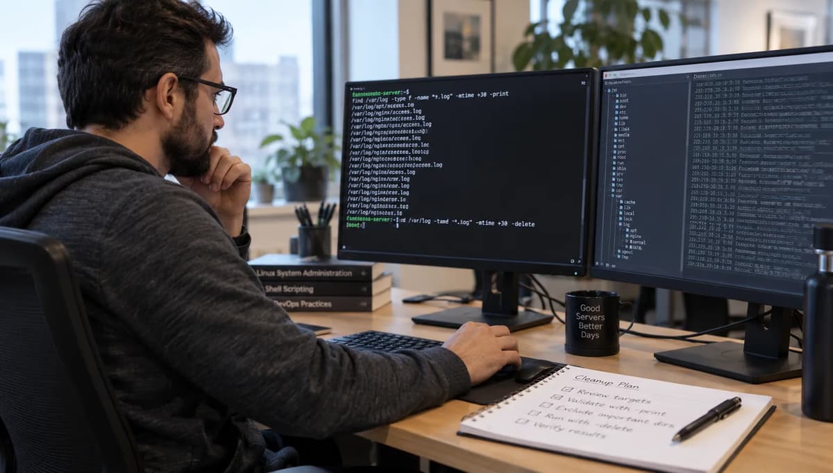 Linux system administrator reviewing a GNU find cleanup command before deleting files from a protected directory tree