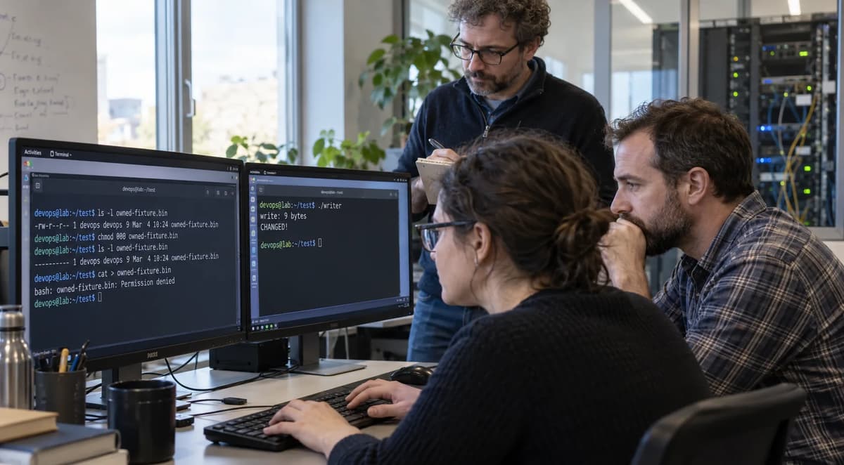 Three Linux administrators reviewing file permissions and open file descriptor write tests on dual monitors in an IT workspace.