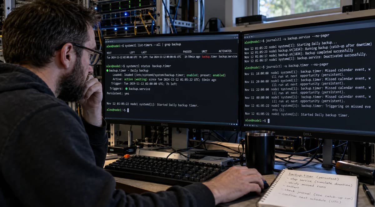 Linux engineer examining systemd timer logs and UTC timestamps to verify a single catch-up activation after missed calendar triggers