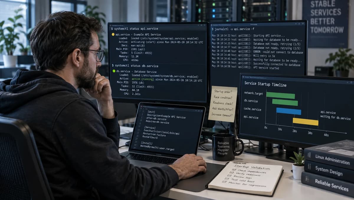 Linux engineer validating systemd service readiness and startup order on multiple monitors