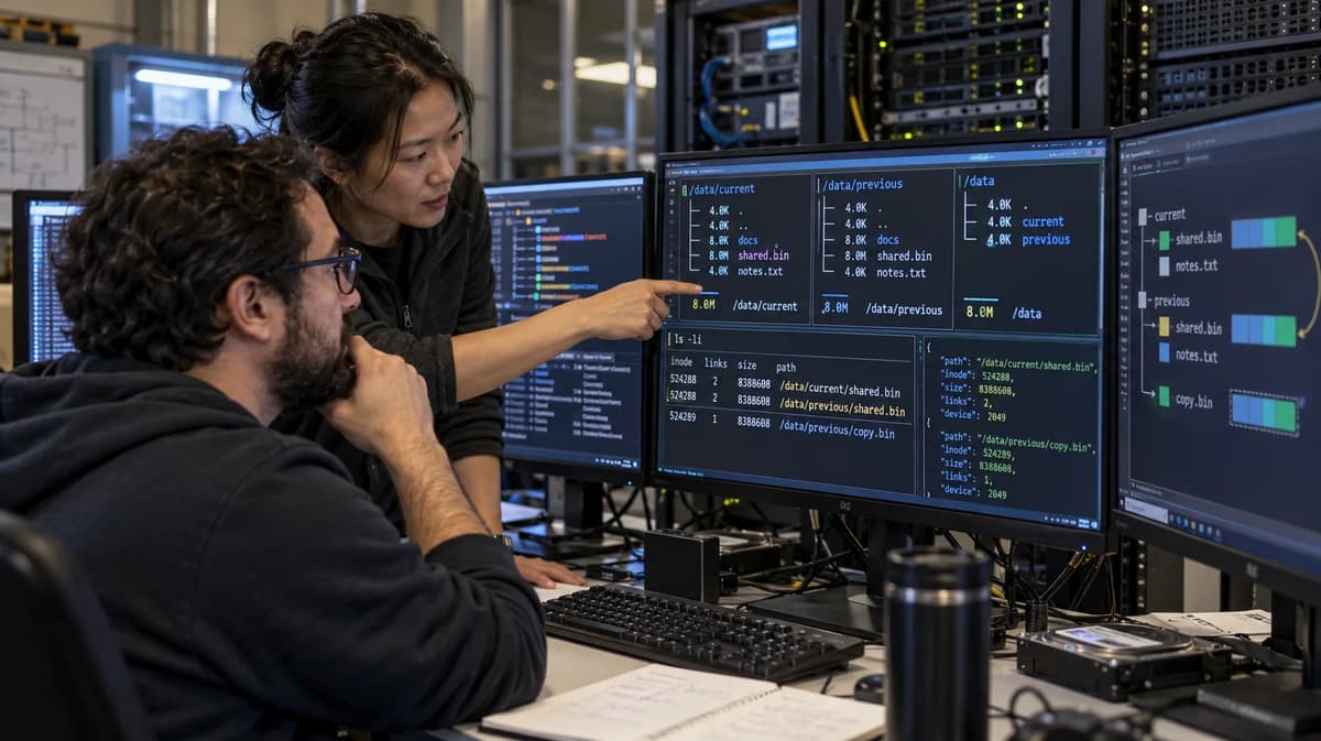 Two Linux systems engineers comparing GNU du totals, inode identities, and hard-linked files on multiple monitors in a server room.