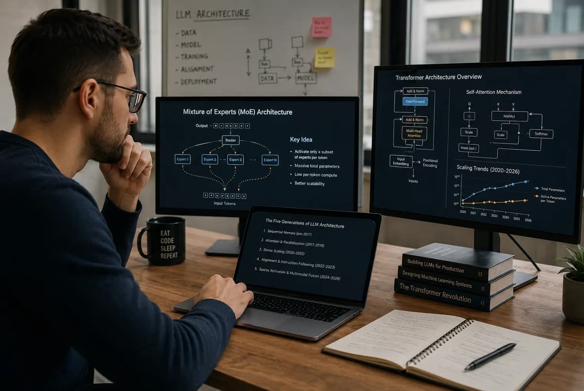 Machine learning engineer analyzing Transformer and Mixture-of-Experts LLM architecture diagrams on multiple monitors.