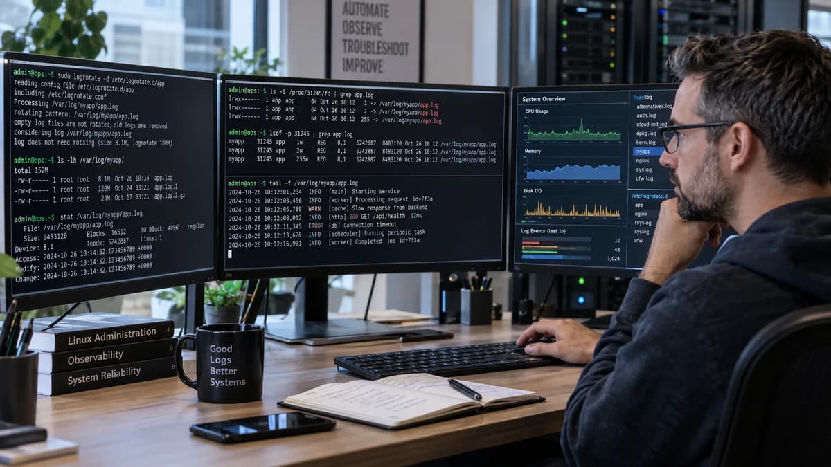 Linux administrator inspecting logrotate file descriptors and inode changes on a server