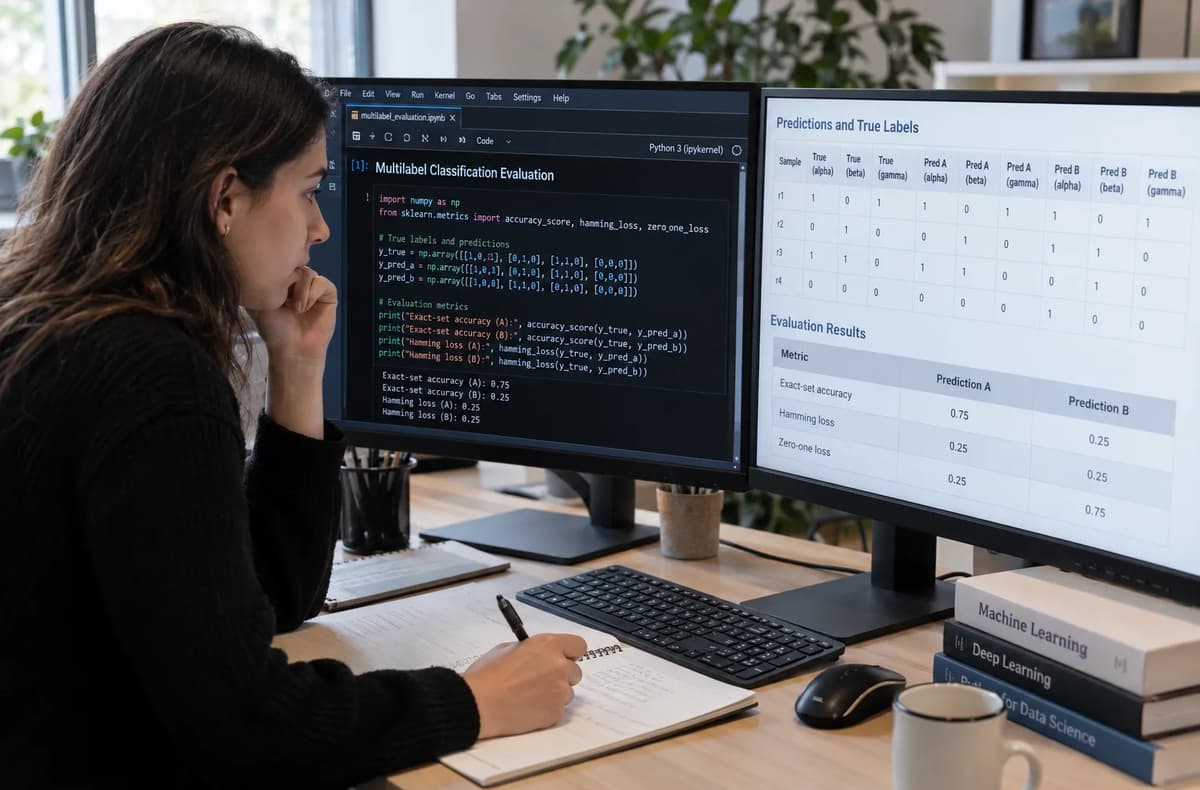 Machine learning engineer comparing multilabel prediction tables, exact-set accuracy, and individual label errors on dual monitors
