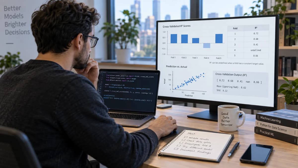 Machine learning engineer reviewing cross-validation R² scores and regression charts on a monitor beside Python code on a laptop.
