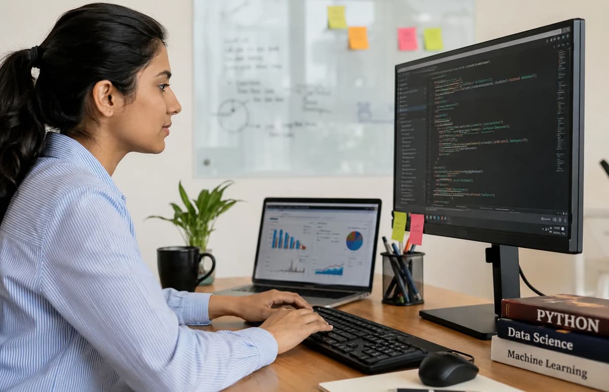 Data scientist evaluating a machine learning model with code on a desktop monitor and performance charts on a laptop