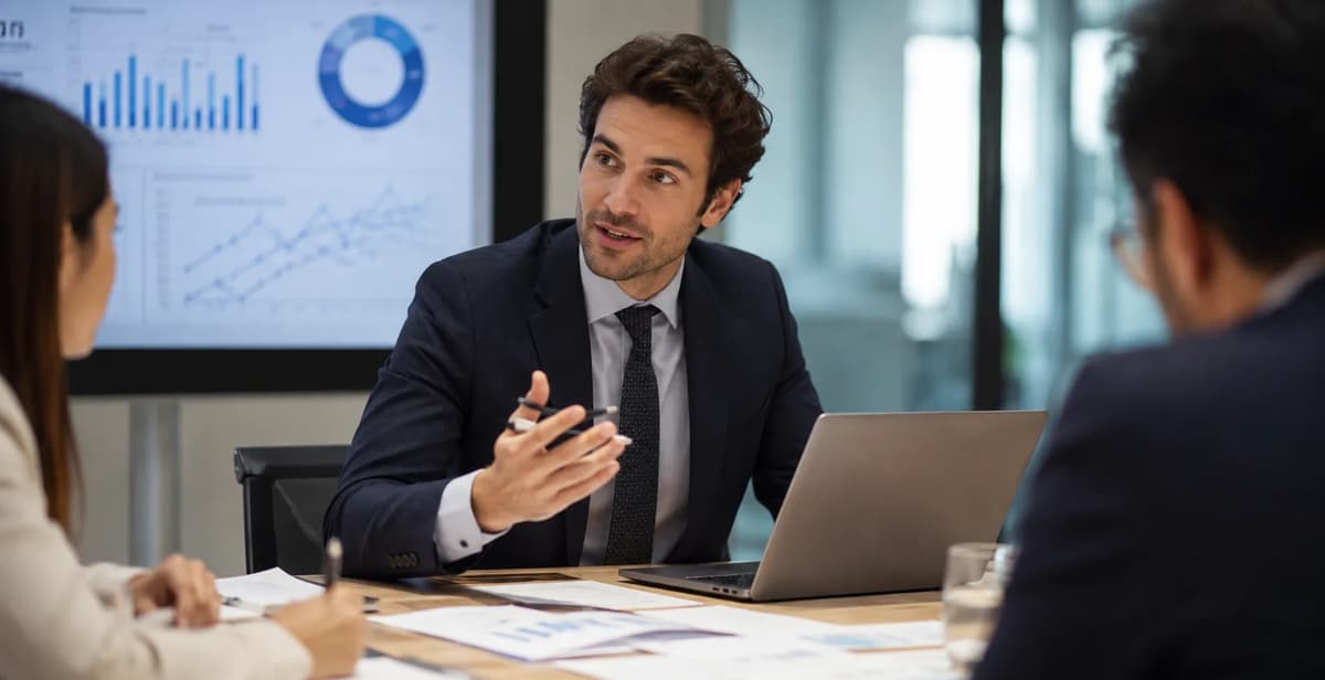 Management consultant presenting business performance charts to colleagues during a strategy meeting