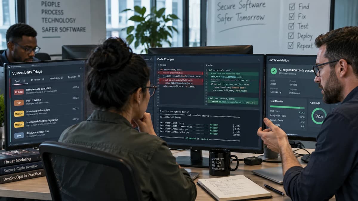 Application-security engineers reviewing AI-generated vulnerability findings, exploit evidence, and patch regression tests in a secure development lab