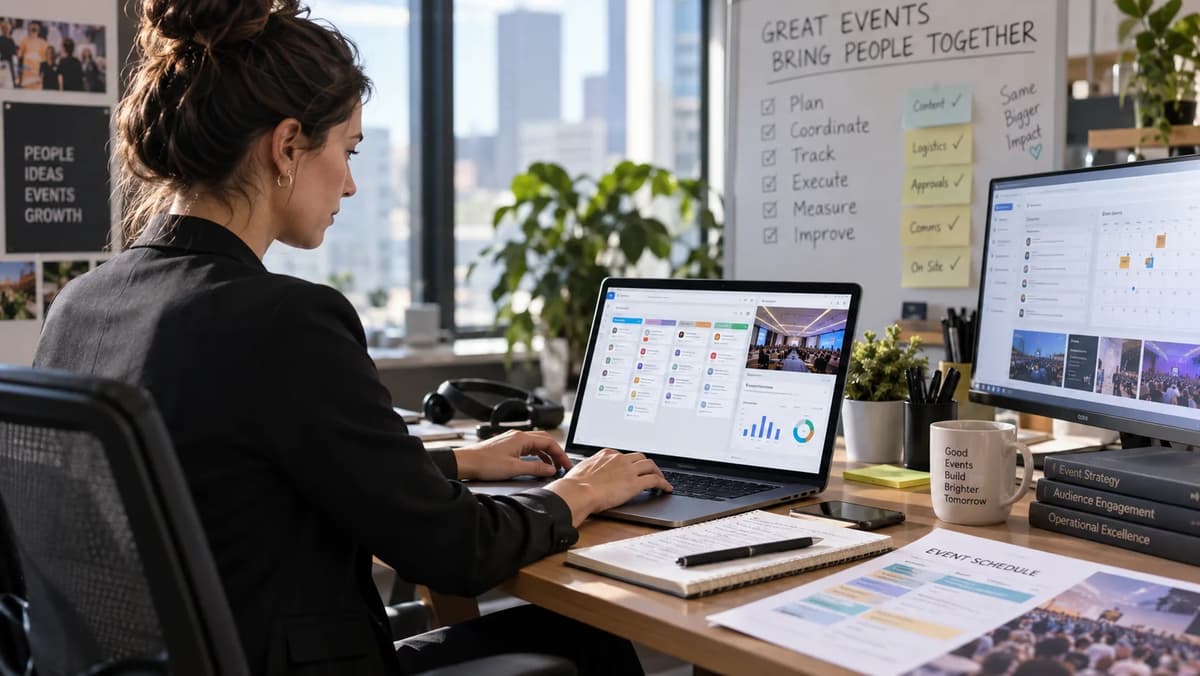 Marketing operations manager coordinating event workflows, approvals, schedules, and reporting from a modern office workspace.
