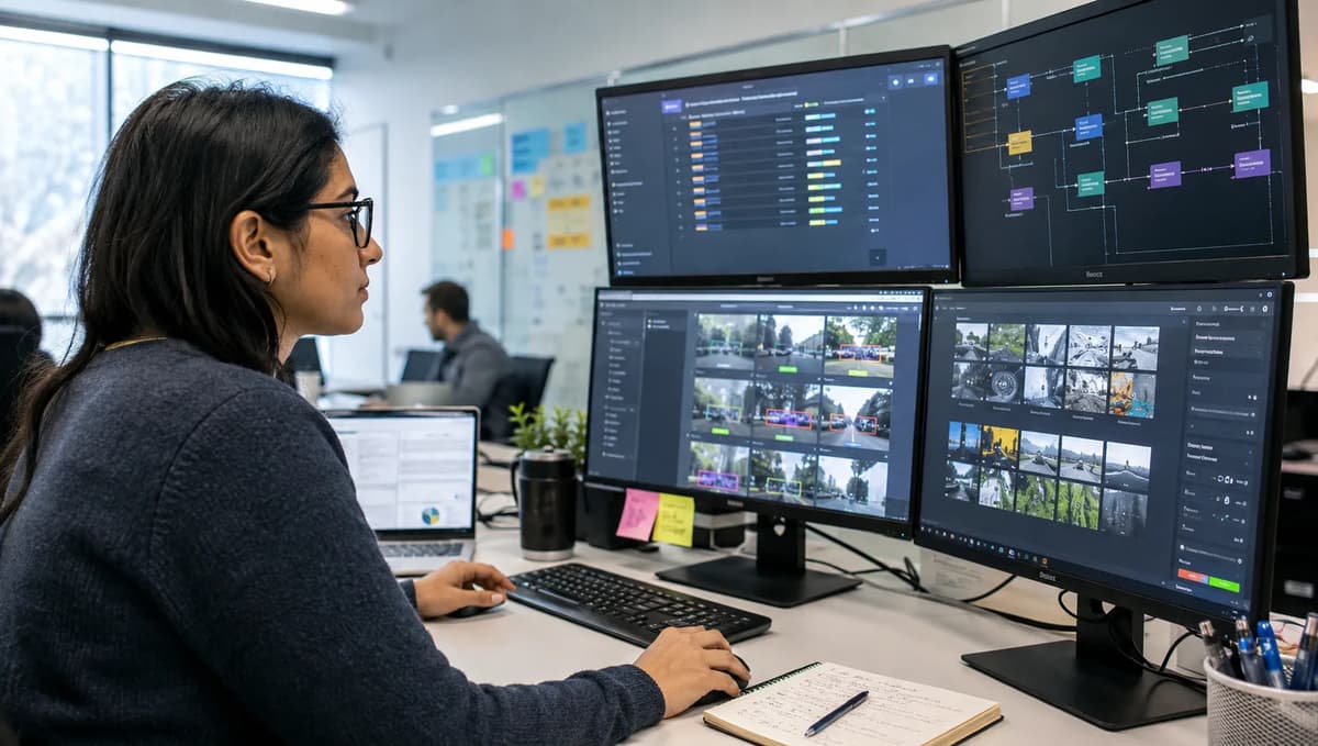 Data-labeling specialist reviewing annotation queues and human-workforce migration dashboards across multiple monitors in a modern office