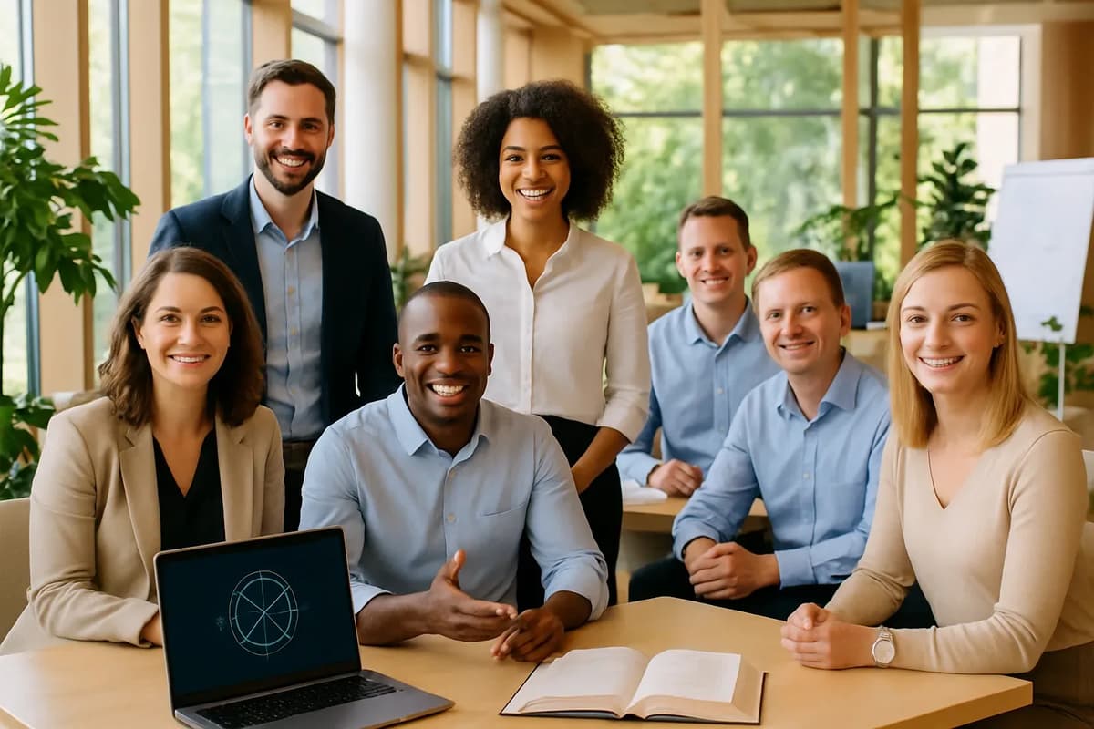A mentor and mentee engaged in a career discussion in an office setting.