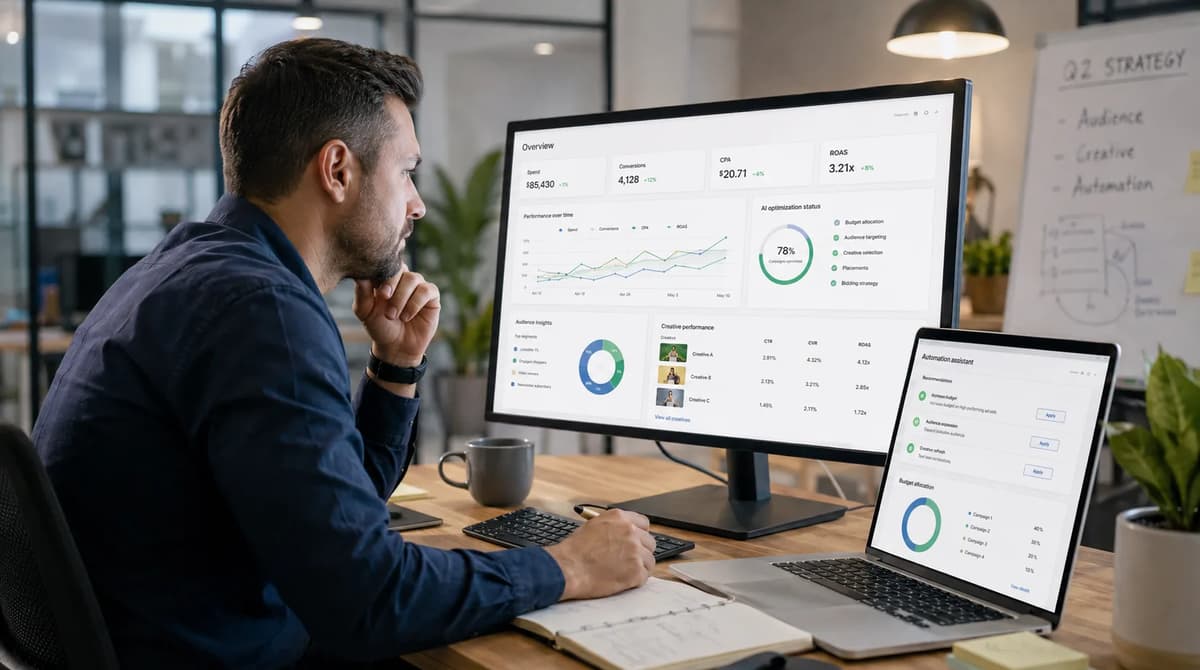 Paid social manager analyzing Meta Advantage+ campaign automation and advertising performance dashboards in a modern office