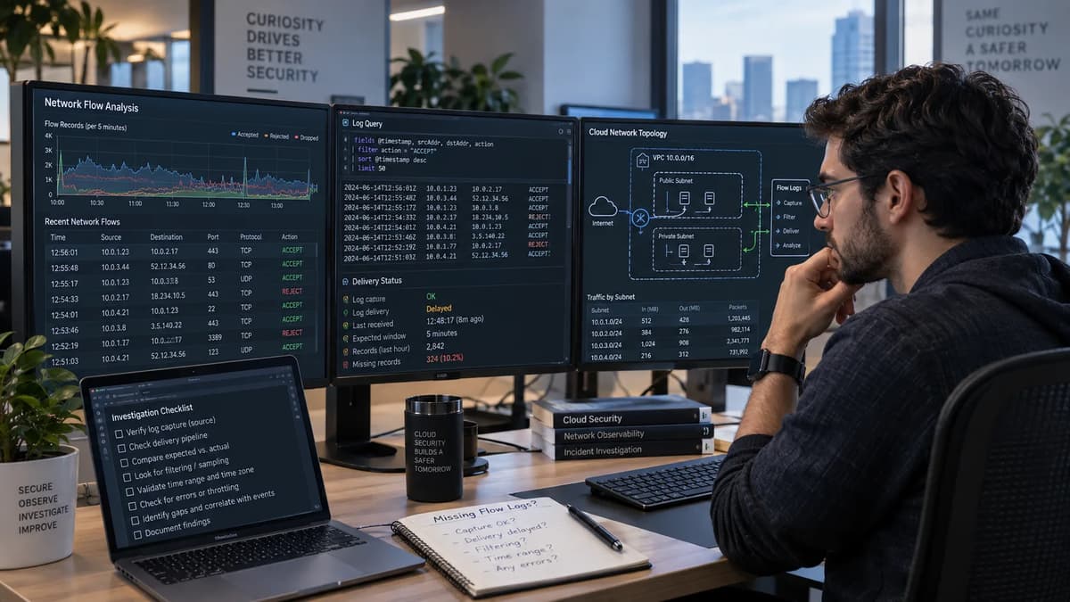 Cloud security engineer investigating missing AWS VPC Flow Log records in CloudWatch