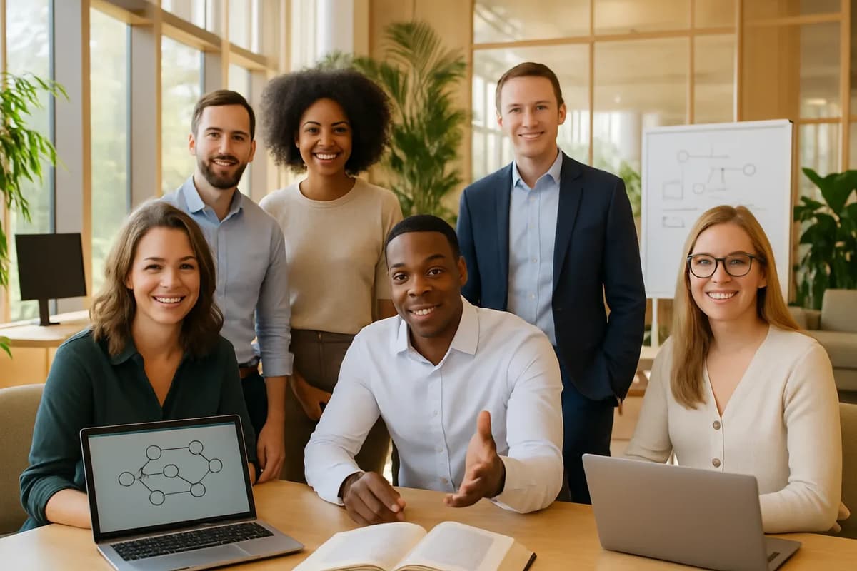 A group of four professionals in business casual attire smiling and engaged in a modern corporate office filled with natural light and greenery.
