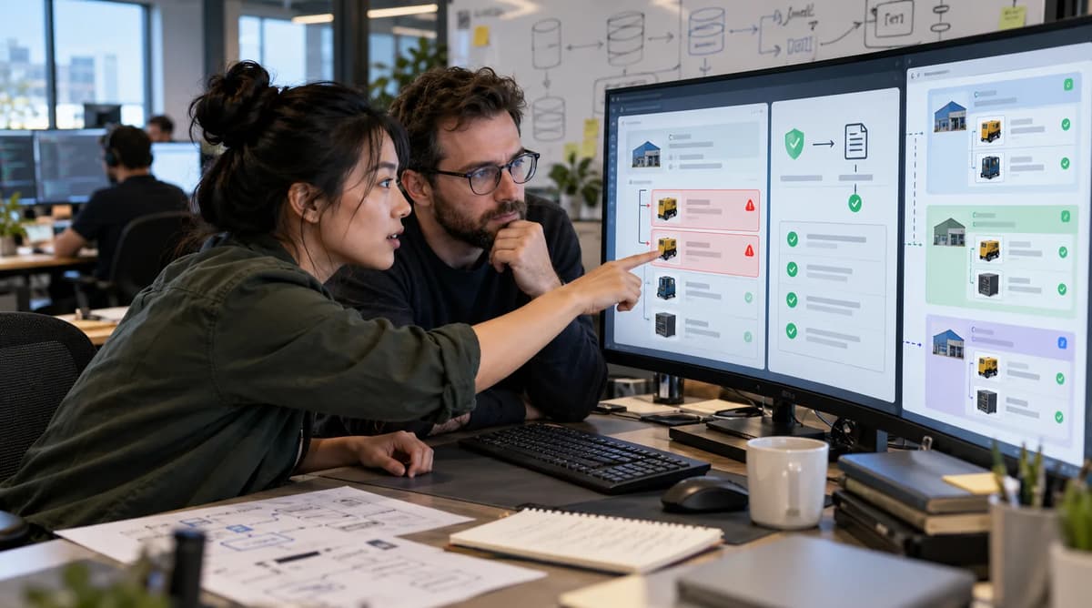 Backend engineer and database administrator reviewing duplicate asset records and MongoDB validation rules on desktop monitors