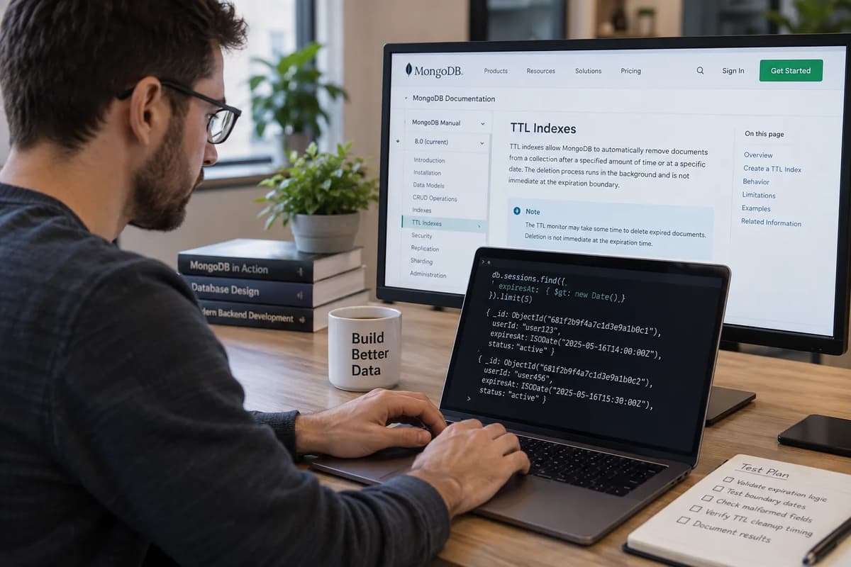Backend developer validating MongoDB TTL expiration and read-time filtering at a workstation