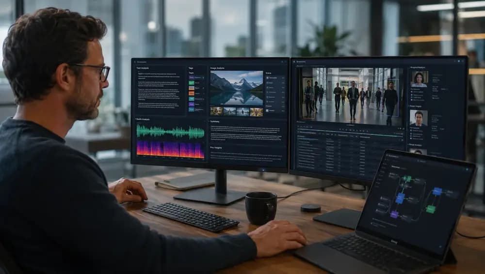 AI engineer analyzing text, image, audio, and video data on multiple screens in a modern office