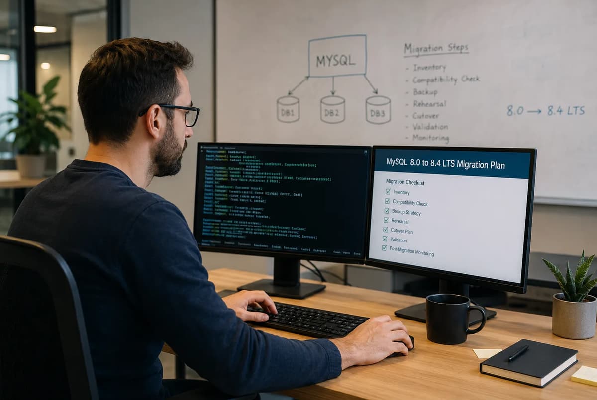 Database administrator reviewing a MySQL 8.0 to 8.4 LTS migration plan on dual monitors
