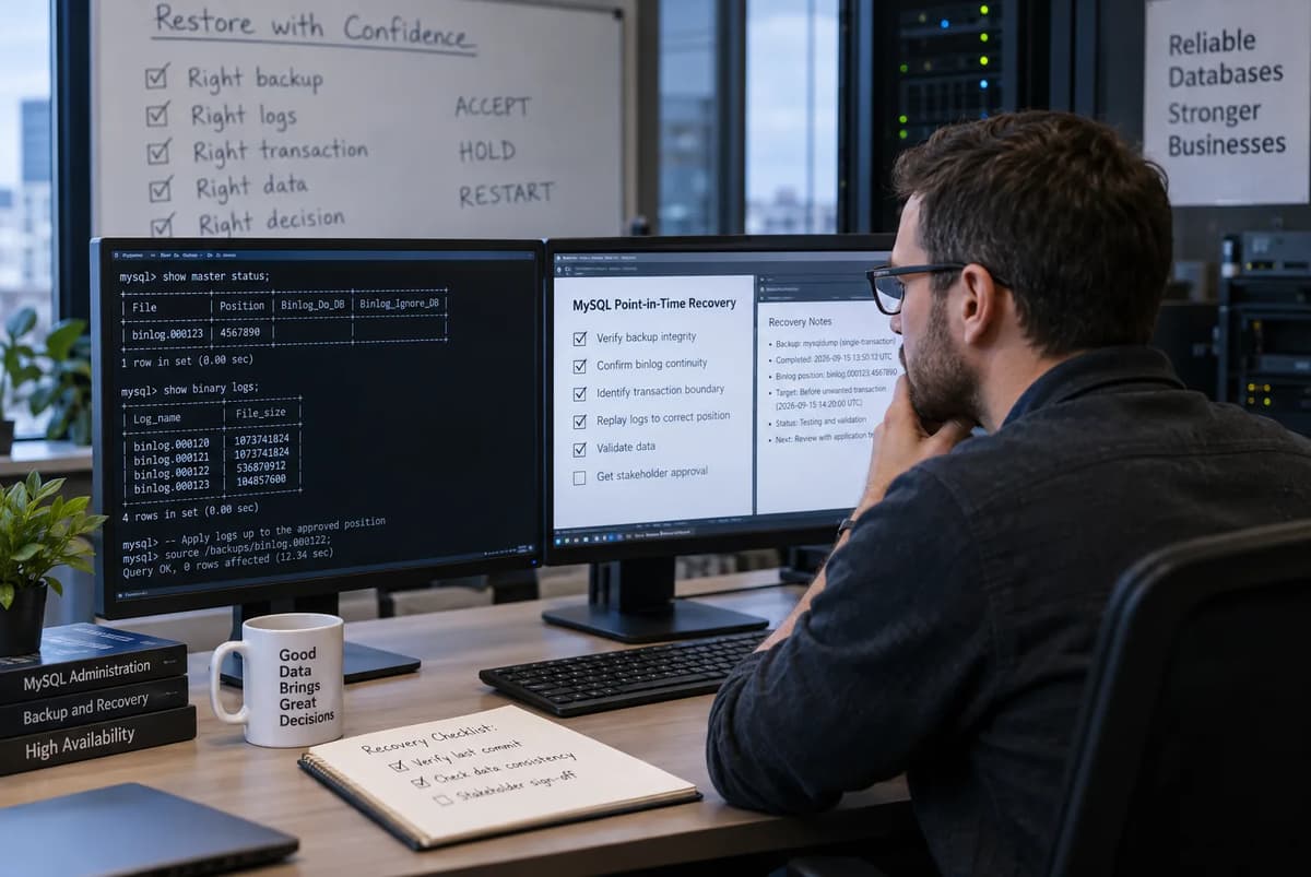 Database engineer validating MySQL binary logs and transaction boundaries during point-in-time recovery