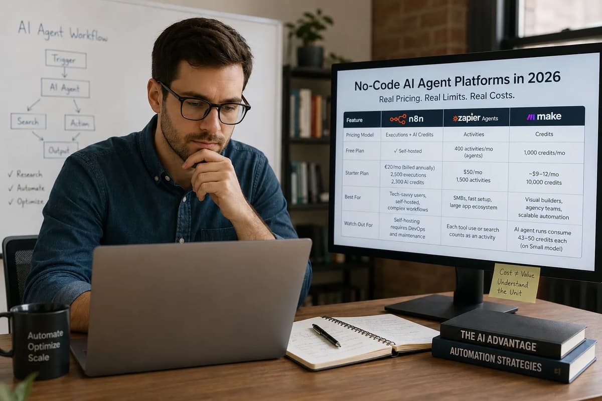 Automation specialist comparing n8n, Zapier Agents, and Make pricing for no-code AI agent workflows